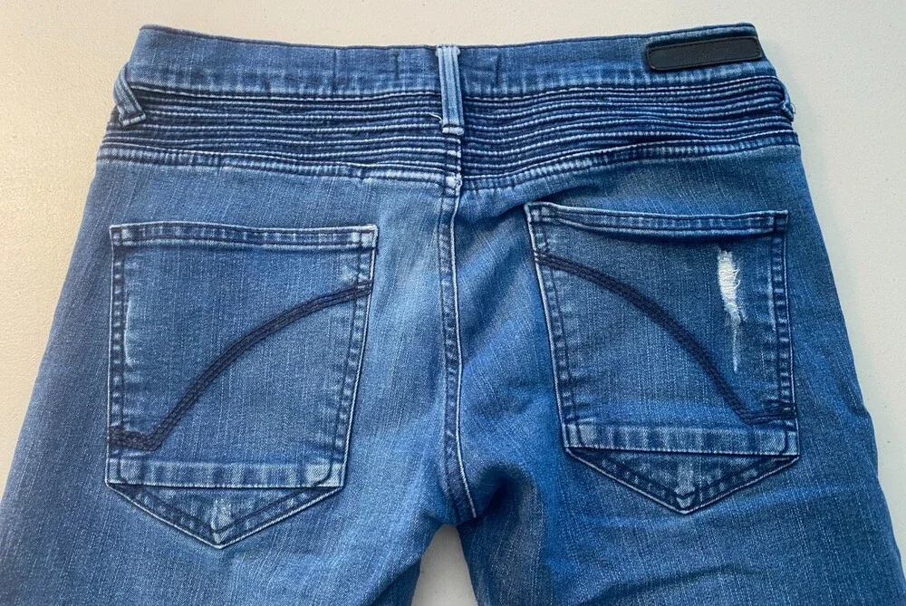 Ring of Fire Men's Moto Biker Jeans 30x32 Medium Blue Distressed Ribbed Knee